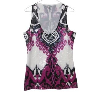 Cache Sequins Embellished V Neck Tank Top Medium Pink Black White